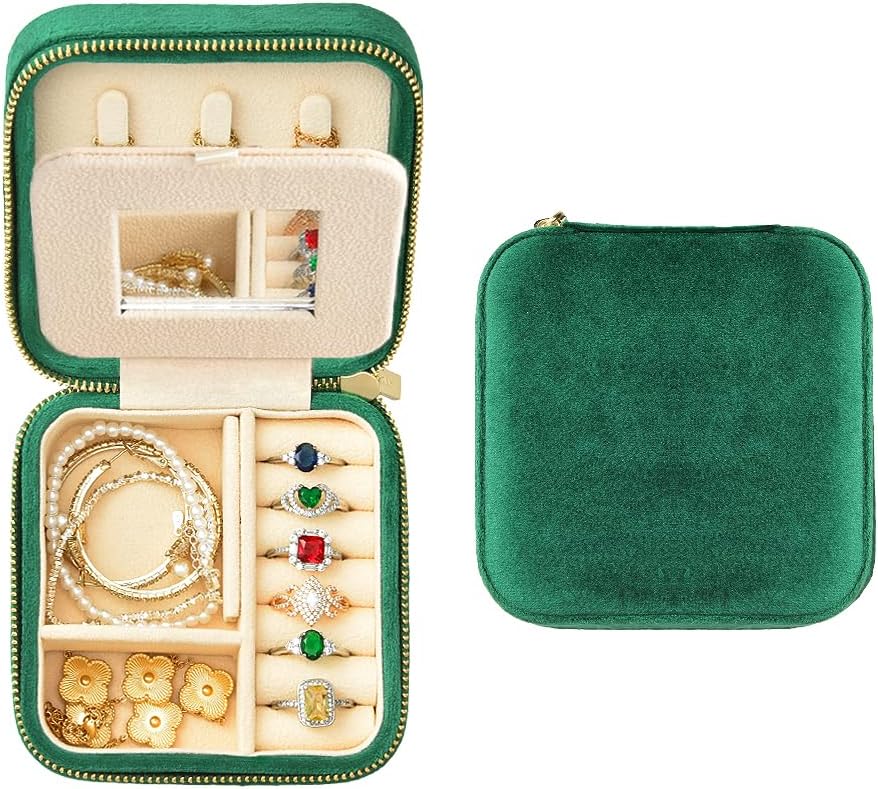 TAIMY Plush Velvet Travel Jewelry Box, Small Travel Jewelry Case, Portable Mini Jewelry Travel Organizer Boxes for Rings Earrings Necklaces Bracelets(Emerald Green,with Mirror)