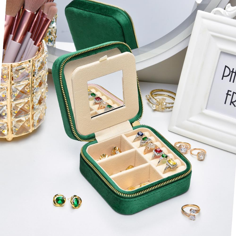TAIMY Plush Velvet Travel Jewelry Box, Small Travel Jewelry Case, Portable Mini Jewelry Travel Organizer Boxes for Rings Earrings Necklaces Bracelets(Emerald Green,with Mirror)