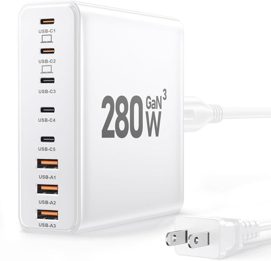 280W USB C Charger Block, 8-Port USB C Charging Station GaN III PD 65W Laptop Charger Adapter Compatible with MacBookPro/Air,DELL,iPad,Portable Charging Station for iPhone,Samsung Galaxy (White)