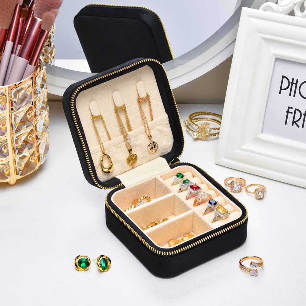 Travel Jewelry Case, Small Plush Velvet Jewelry Box for Women and Girls, Portable Jewelry holder organizer for Rings Earrings Necklaces Bracelets(Black)