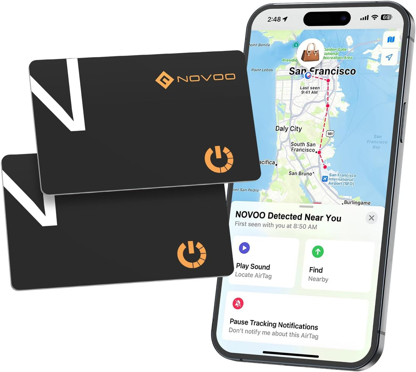 NOVOO Air Locator Tag (iOS Only) Wallet Tracker Card with Find My, Smart Card Bluetooth Tracker, 6 Years Battery, IP68 Waterproof, 1.6mm Keys Finder and Item Locator for Keys, Bags, Passport(2 Pack)
