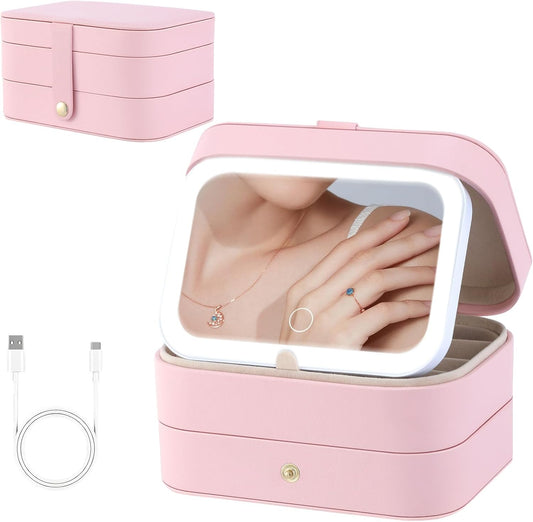 Travel Jewelry Case with LED Lighted Mirror, Personalized Birthday Gifts for Women Girls Kids, 2-Layer Portable Travel Jewelry Organizer, Travel Essentials (Pink)