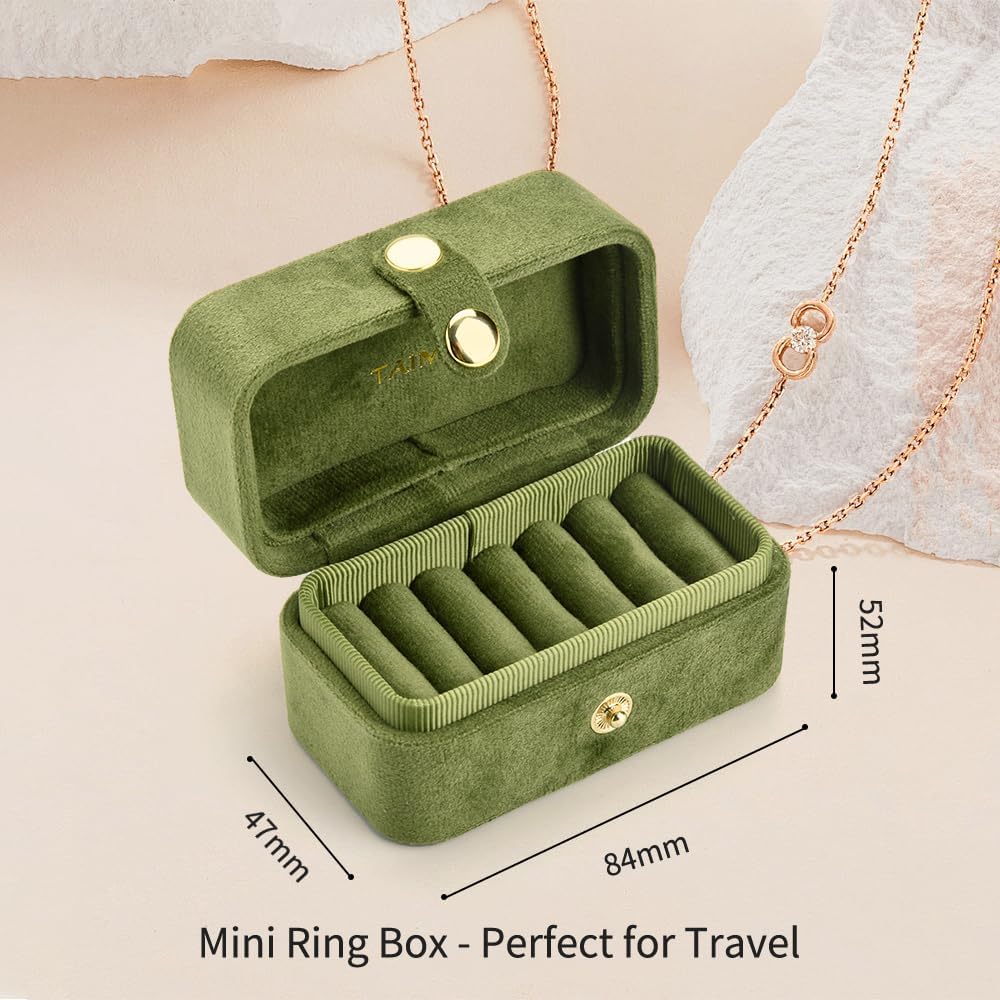 Travel Jewelry Case, Portable Pocket Size Small Plush Velvet Ring Box for Women, Mini Ring Holder and Organizer with 7 slots for purse(Avocado Green)