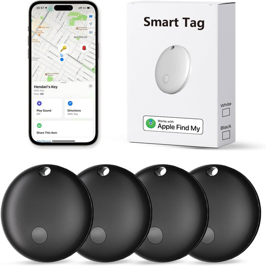Tracker Tags, Item Finder Work with Apple Find My (iOS Only), Tracking Device Locator Smart Tag for Luggage, Keys, Wallet, Bike, Pets, Bags (Black, 4 Pack)