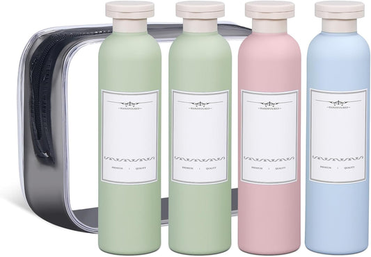 ASEVAT 8.8 oz Plastic Leak Proof Travel Bottles for Toiletries, Plastic Travel Size Containers, Shampoo and Conditioner Bottles Refillable Squeeze Bottle for Lotion, Body Wash (4Pcs)