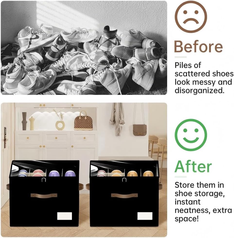 3 Pack Shoe Organizer for Closet, Foldable Shoe Storage Containers, Fits up to 24-48 Pairs, Shoe Storage Organizer Box Cubby Baskets Bins with Clear Cover and Reinforced Handles, Black
