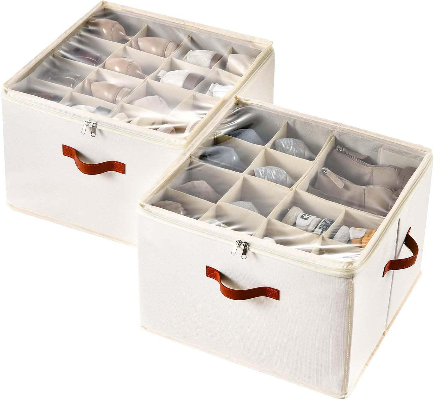Shoe Organizer for Closet, 2 Pack Foldable Shoe Storage Containers, Fits up to 16-32 Pairs, Adjustable Dividers for Shoe Organizer, Fabric Shoe Storage Bins with Clear Cover, Beige