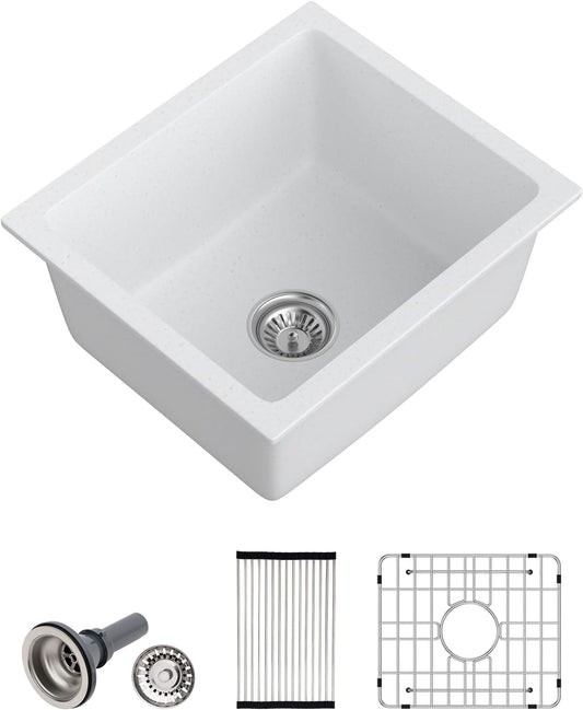 Dcolora 18 Inch Undermount Small Bar Sink Single Bowl Kitchen Sink White Granite Composite Wet Bar Sinks 18"W×16"D×9"H,DC-GUW002