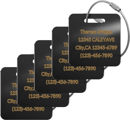 (5Pack Made in USA) Custom Personalized Luggage Tags-Customized Unique tag for Suitcase Backpack Travel,Bags (Black (2 × 2))