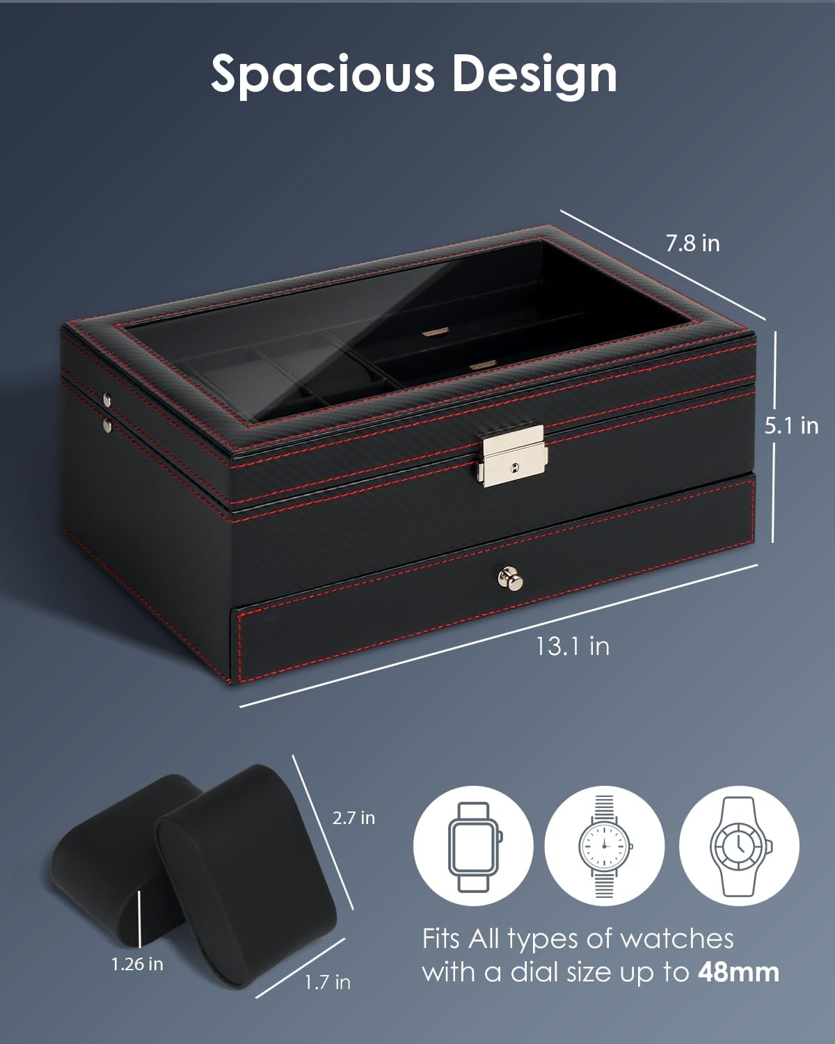 Watch Jewelry Box Organizer, 6-Slot 2-Layer Watch Case and Sunglasses Storage with Large Glass Lid, Men's Jewelry Box with Lock, Watch Holder Display Case, Gift for Men Women