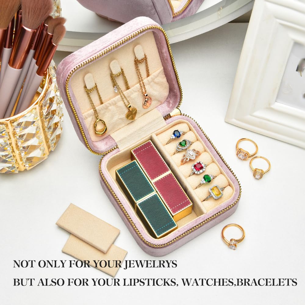 TAIMY Plush Velvet Travel Jewelry Box, Small Travel Jewelry Case, Portable Mini Jewelry Travel Organizer Boxes for Rings Earrings Necklaces Bracelets(Pink Lavender,No Mirror)