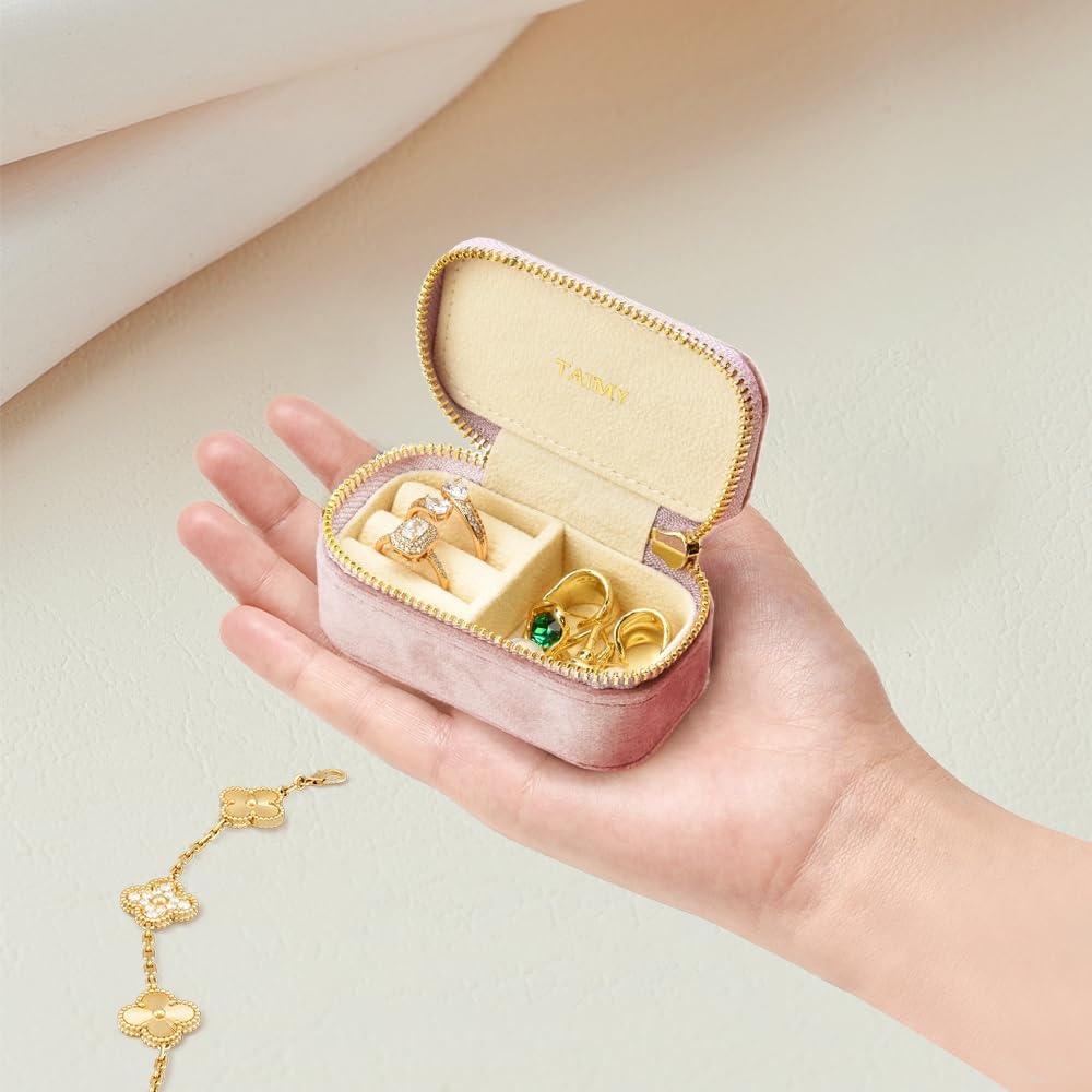 Small Travel Jewelry Case, Mini Tiny Plush Velvet Jewelry Box for Women and Girls, Pocket Size Jewelry holder organizer for Rings Earrings and Small Items(Pink)