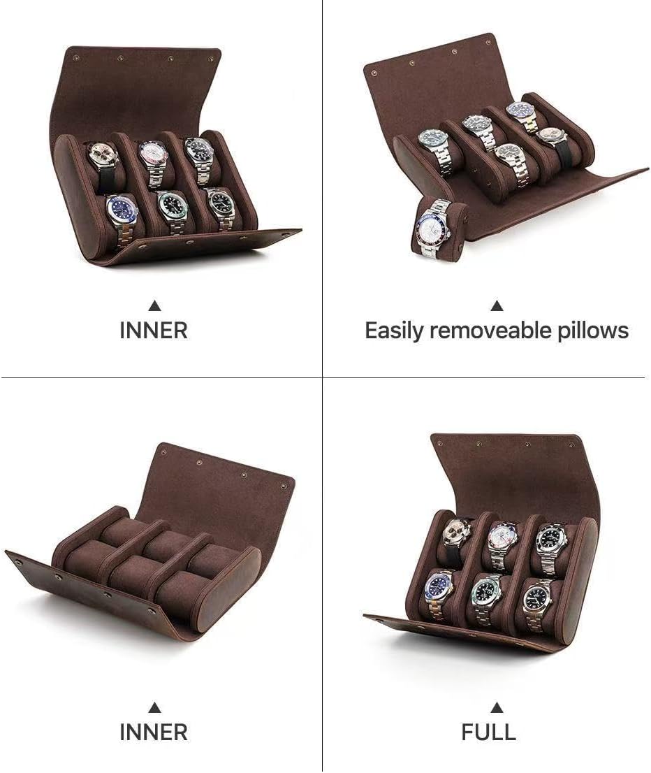 Genuine Leather Watch Roll Travel Case,Vintage Full Grain Leather Watch Box with Pillow for Men,Watch Storage Organizer for Home Storage,Travel Watch Organizer Box (6 Slots)
