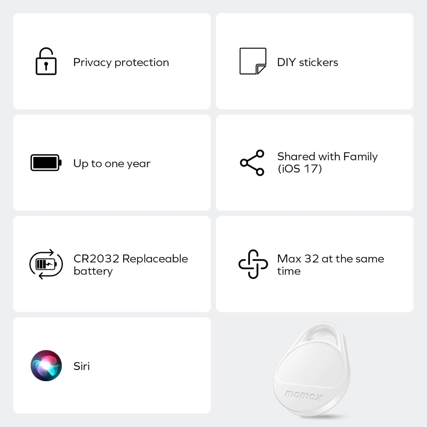 Momax Key Finder Tracker Tag - [Apple MFi Certified] Smart Bluetooth Tracking Device with Find My (iOS Only), Replaceable Battery, DIY Stickers, for Wallets, Luggage, Suitcases, Backpacks, 2 Pack