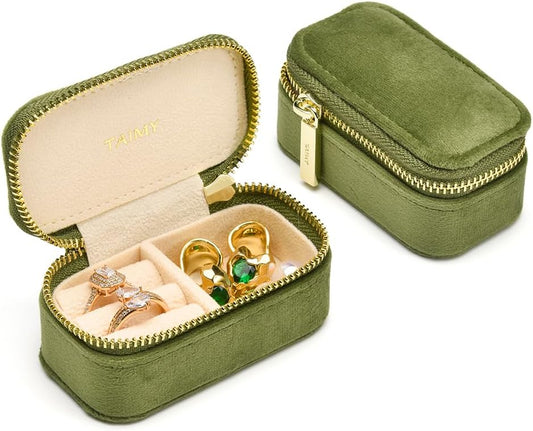 Small Travel Jewelry Case, Mini Tiny Plush Velvet Jewelry Box for Women and Girls, Pocket Size Jewelry holder organizer for Rings Earrings and Small Items(Avocado Green)
