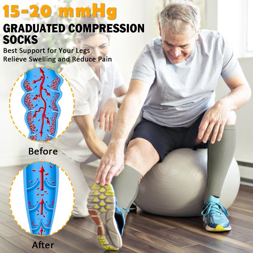 CASMON 2 Pairs Zipper Compression Socks for Women & Men, 15-20 mmHg Closed Toe Knee High Support Sock with Zipper for Varicose Vein Edema