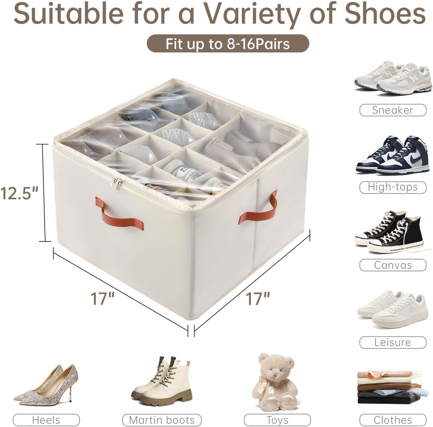 Shoe Organizer for Closet, 2 Pack Foldable Shoe Storage Containers, Fits up to 16-32 Pairs, Adjustable Dividers for Shoe Organizer, Fabric Shoe Storage Bins with Clear Cover, Beige