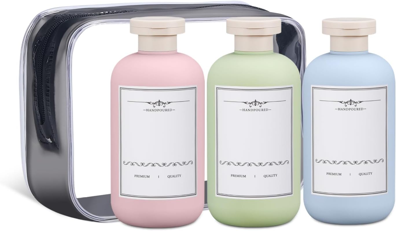 ASEVAT 6.7 oz Plastic Leak Proof Travel Bottles for Toiletries, Plastic Travel Size Containers, Shampoo and Conditioner Bottles Refillable Squeeze Bottle for Lotion, Body Wash (3Pcs)