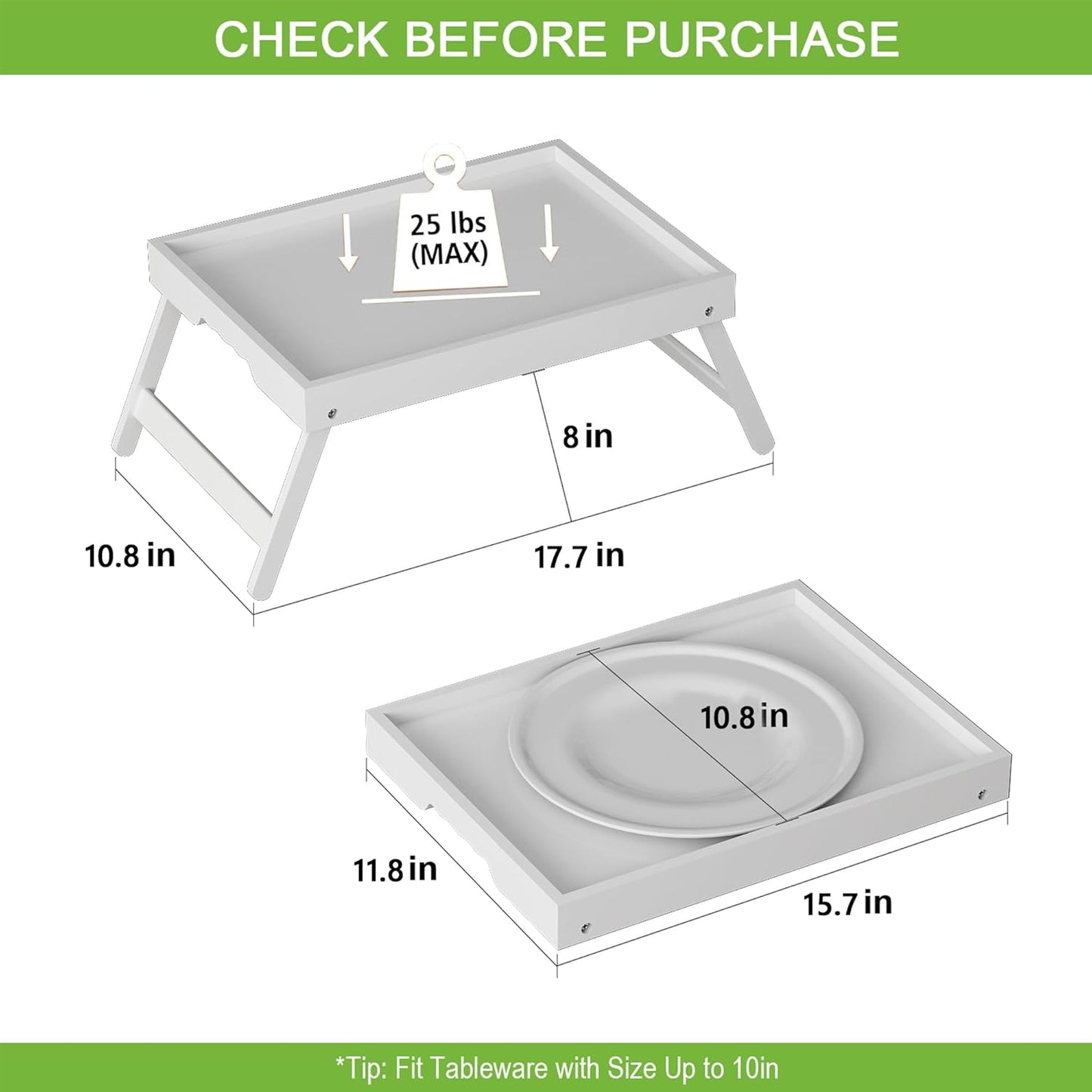 Bed Tray Table with Folding Legs,Bamboo Breakfast in Bed for TV Table,Tray,Eating,Snack Tray,Laptop Computer (White, Medium)