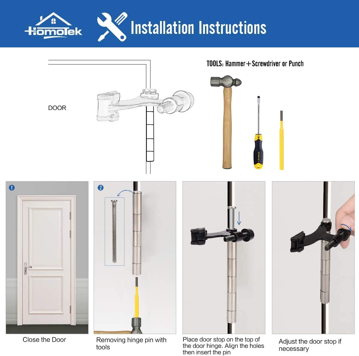 HOMOTEK 36 Pack Hinge Pin Bright Brass Door Stopper, Gold Door Stops, Adjustable Deluxe Heavy Duty Door Stopper 2-1/2"x1-3/4”,with White Rubber Bumper Tips