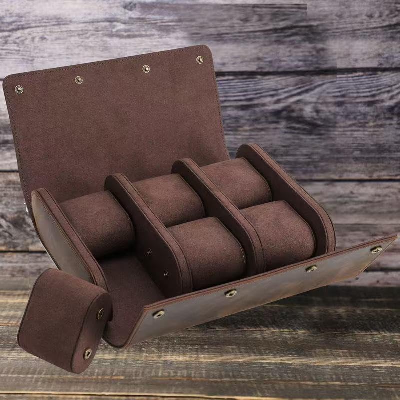 Genuine Leather Watch Roll Travel Case,Vintage Full Grain Leather Watch Box with Pillow for Men,Watch Storage Organizer for Home Storage,Travel Watch Organizer Box (6 Slots)