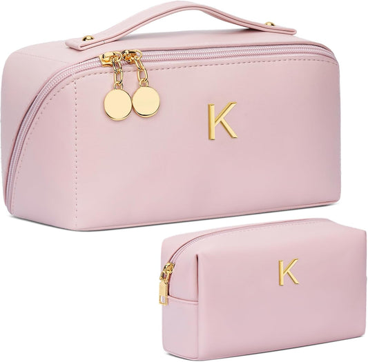 Birthday Gifts for Women Teen Girl, Personalized Initial Makeup Organizer Bag Set, Open Flat Travel Cosmetic Bag With Clear Divider and Handle(Pink,K)