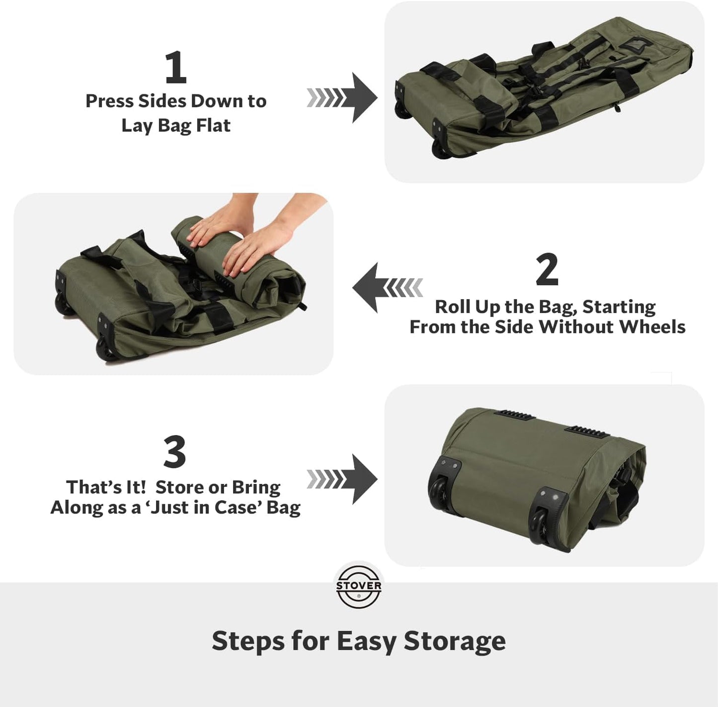 STOVER 80L Rolling Duffel Bag with Wheels, Large 31 Inch Durable Travel Duffle + Toiletry Bag, Heavy Duty, Packable, Foldable w/Shoulder Straps- Use as Luggage or Backpack, Men/Women (Green)