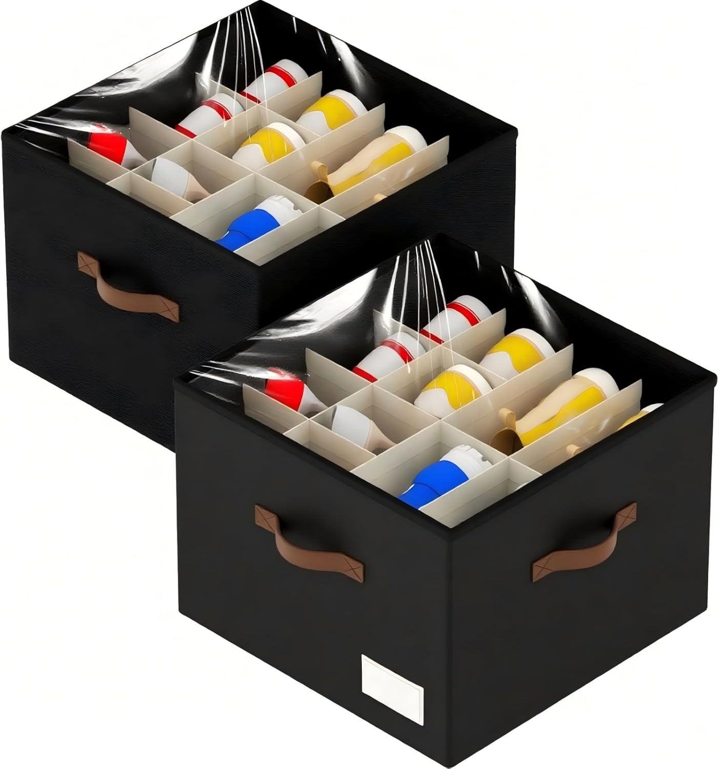 Shoe Organizer for Closet, 2 Pack Foldable Shoe Storage Containers, Fits up to 16-32 Pairs, Shoe Storage Organizer Box Cubby Baskets Bins with Clear Cover and Reinforced Handles, Black