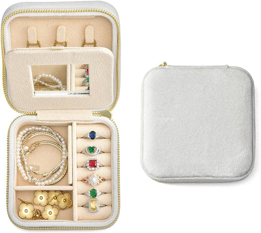 TAIMY Travel Jewelry Case,Small Plush Velvet Travel Jewelry organizer,Portable Mini Travel Jewelry Boxes for Rings Earrings Necklaces Bracelets(White,with Mirror)