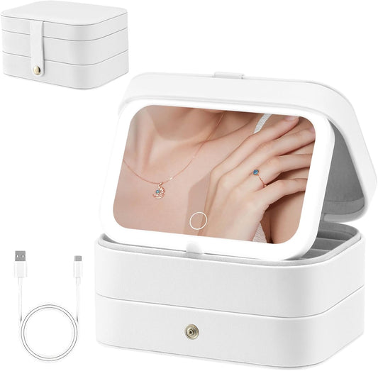 Travel Jewelry Case with LED Lighted Mirror, Portable Travel Jewelry Organizer, 2-Layer Jewelry Box for Earrings Necklace Bracelet Rings, Birthday Gifts for Women Girls Kids (White)