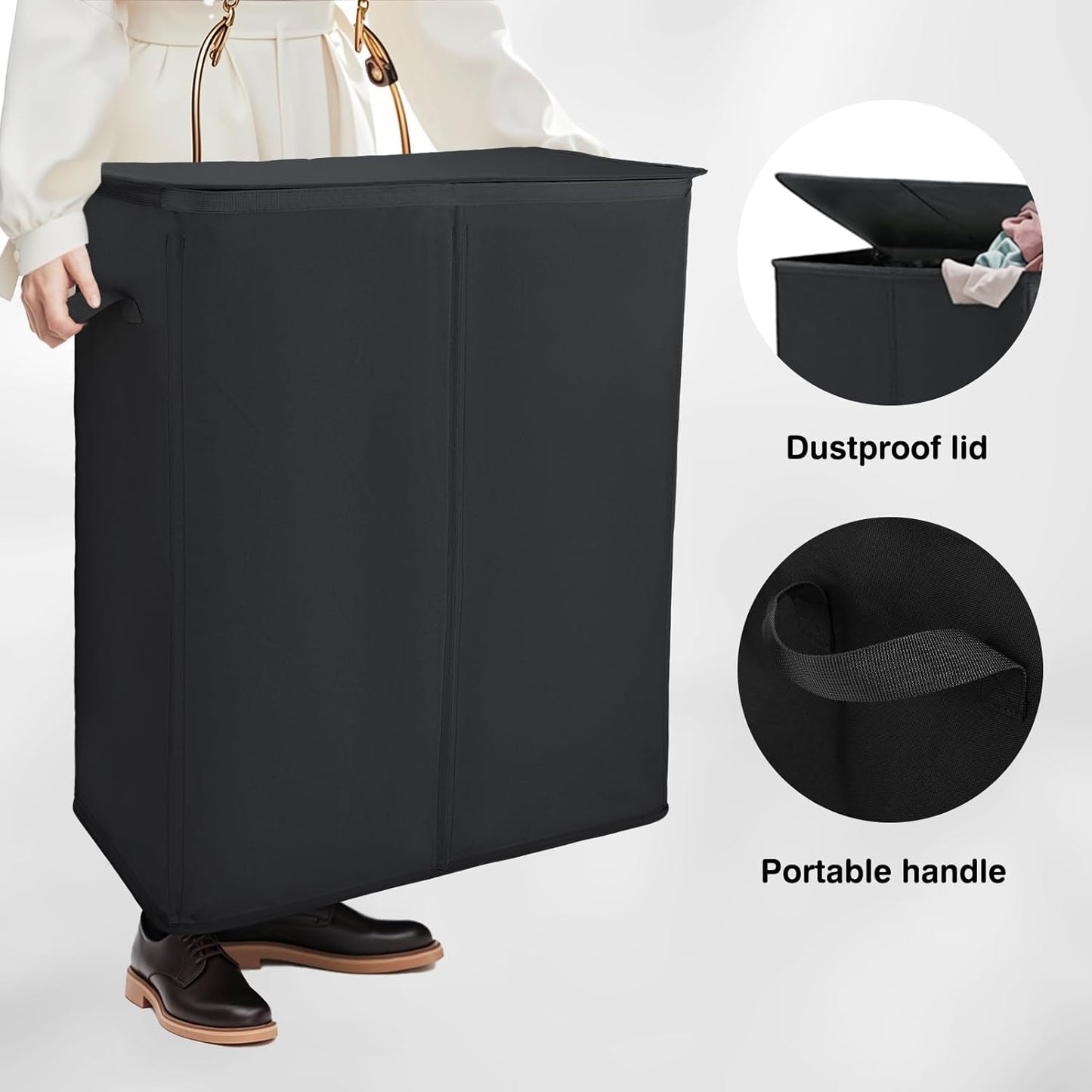 Voova 154L Double Laundry Hamper with Lid and 2 Removable Laundry Bags, Large Collapsible 2 Dividers Dirty Clothes Basket with Handles for Laundry Room, Bedroom, Bathroom, College Dorm, Black