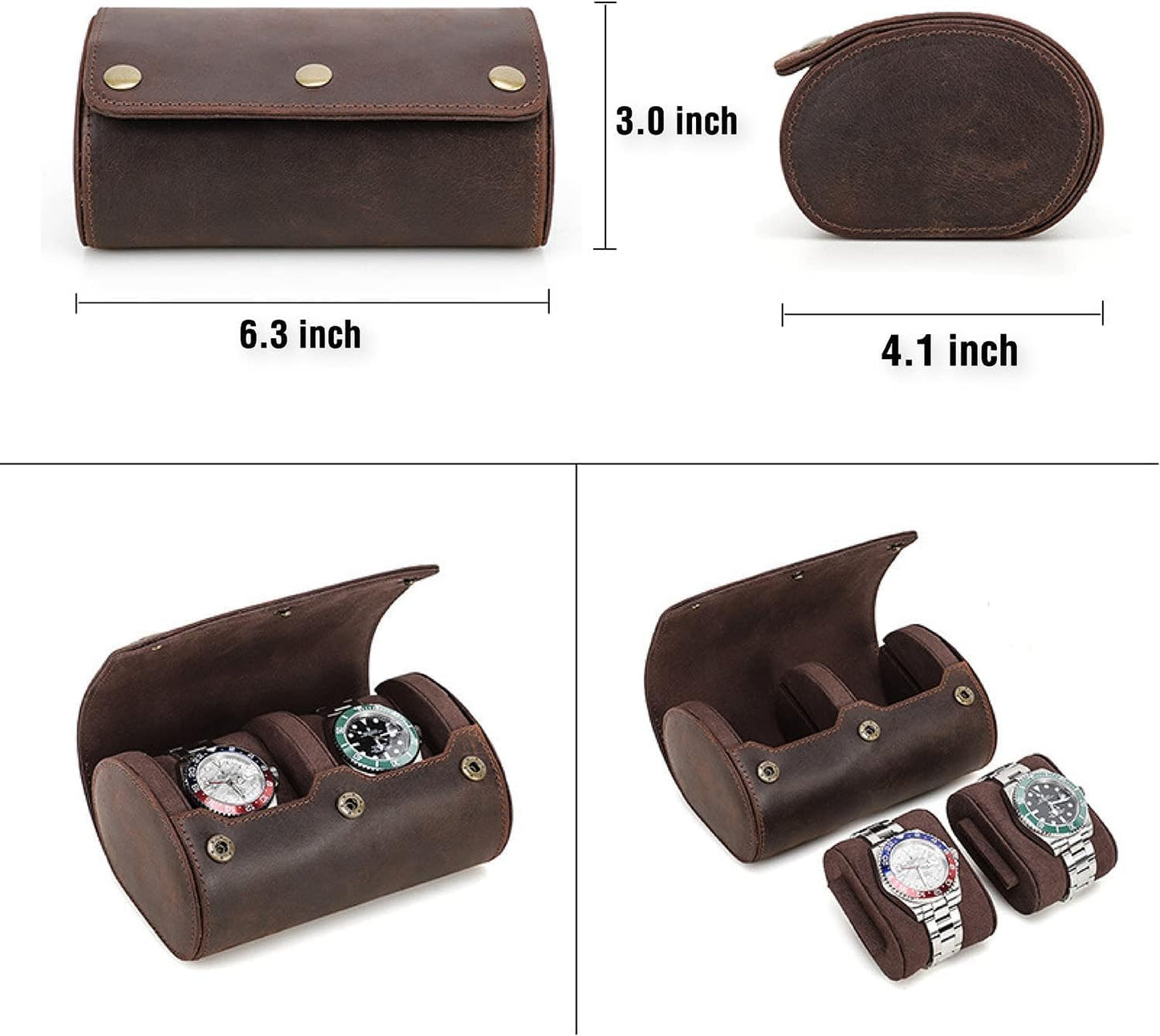 Genuine Leather Watch Roll Travel Case,2 Slots Vintage Full Grain Leather Watch Box with Pillow for Men,Watch Storage Organizer for Home Storage,Anniversary Birthday Christmas Gift