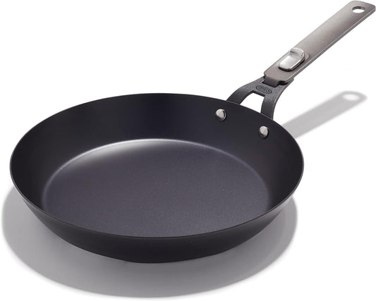 OXO Outdoor Pre-Seasoned Carbon Steel 10" Frying Pan Skillet, Detachable Handle for Easy Storage, Indoor Use, Nonstick with Use, Induction Suitable,Oven & Broiler Safe,Browning, Grill,Sear,Saute,Black