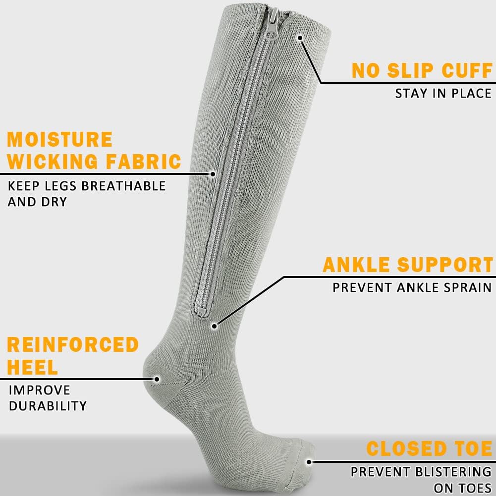 CASMON 2 Pairs Zipper Compression Socks for Women & Men, 15-20 mmHg Closed Toe Knee High Support Sock with Zipper for Varicose Vein Edema