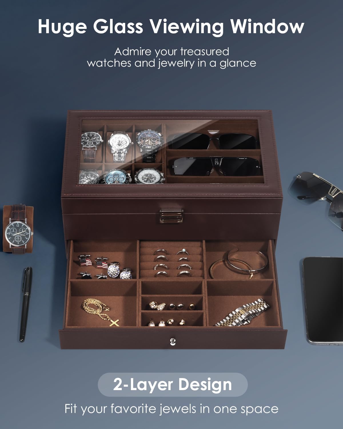 Watch Jewelry Box Organizer, 6-Slot 2-Layer Watch Case and Sunglasses Storage with Large Glass Lid, Men's Jewelry Box with Lock, Watch Holder Display Case, Gift for Men Women