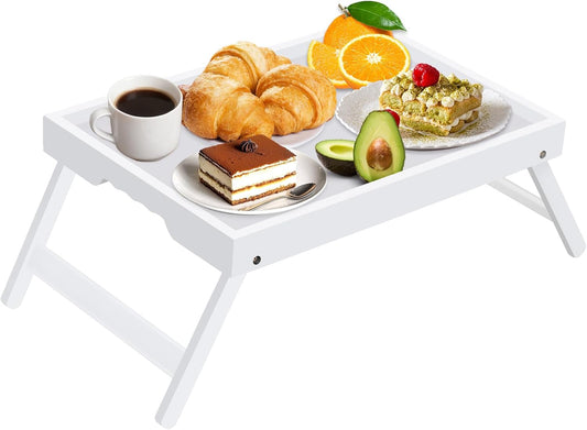 Artmeer Bed Tray Table with Folding Legs,Bamboo Breakfast in Bed for TV Table, Laptop Computer Tray,Eating,Snack Tray (White) Extra-Large Size
