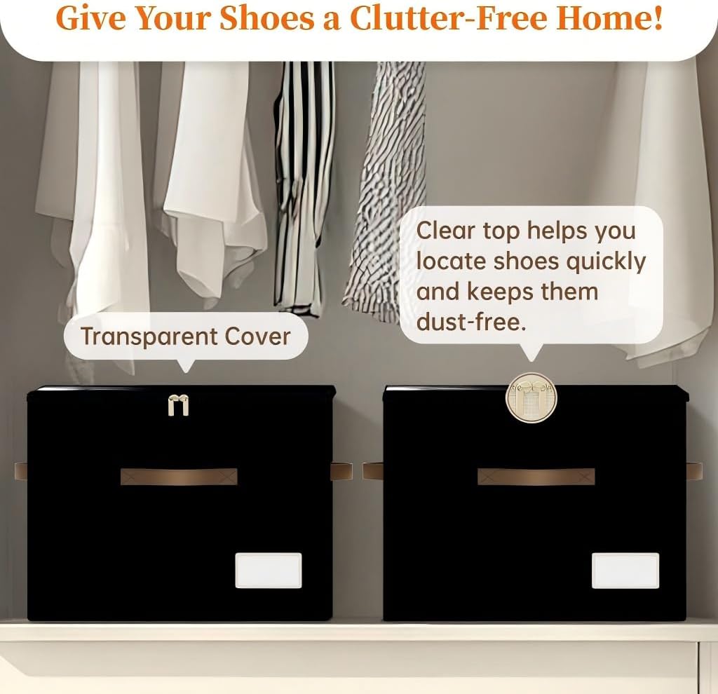 3 Pack Shoe Organizer for Closet, Foldable Shoe Storage Containers, Fits up to 24-48 Pairs, Shoe Storage Organizer Box Cubby Baskets Bins with Clear Cover and Reinforced Handles, Black