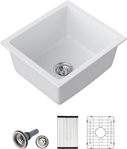 Dcolara 15 Inch White Undermount Wet Bar Sink Single Bowl Kitchen Sink Modern prep sink Granite Composite,DC-GUW001