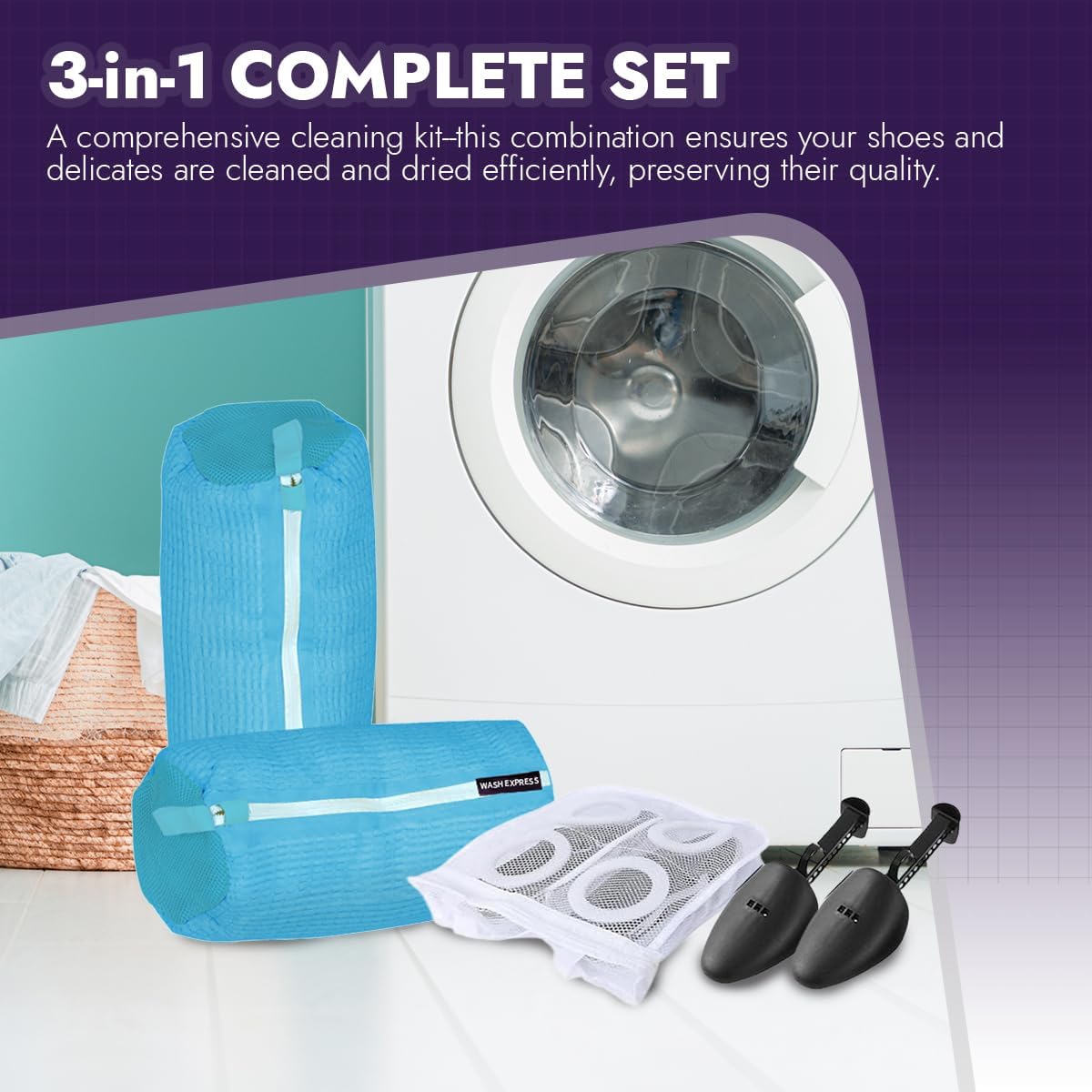 Shoe Cleaning Kit: Shoe Washing Bag (2pcs), Mesh Laundry Bag for Shoe Dryer and Adjustable Shoe Trees (5 pc kit)