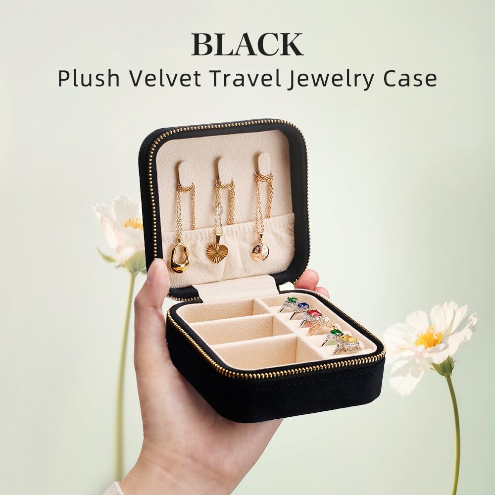 Travel Jewelry Case, Small Plush Velvet Jewelry Box for Women and Girls, Portable Jewelry holder organizer for Rings Earrings Necklaces Bracelets(Black)