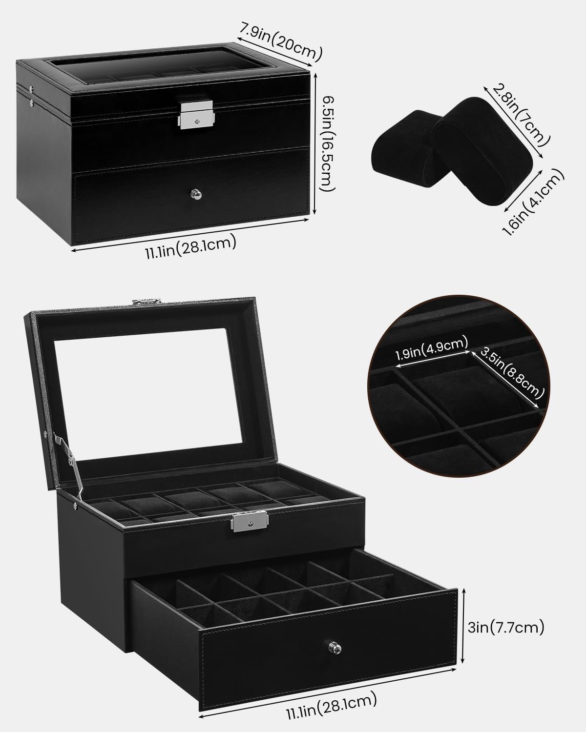 Uten 20-Slot Watch Box, 2-Layers PU Leather Watch Case with Glass Lid, Watch Holder Organizer with Soft Pillow and Velvet Lining, Watch and Jewelry Storage Box, Black