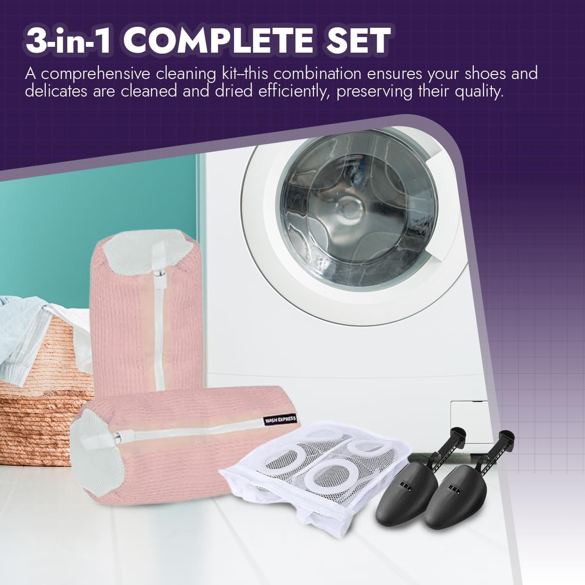 Shoe Cleaning Kit: Shoe Washing Bag (2pcs), Mesh Laundry Bag for Shoe Dryer and Adjustable Shoe Trees (5 pc kit)