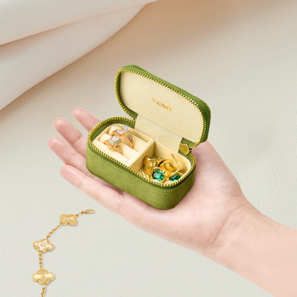 Small Travel Jewelry Case, Mini Tiny Plush Velvet Jewelry Box for Women and Girls, Pocket Size Jewelry holder organizer for Rings Earrings and Small Items(Lime Green)
