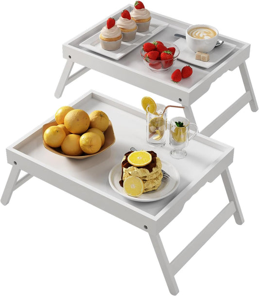 Bed Tray Table with Folding Legs,Bamboo Breakfast in Bed for Kitchen Serving Tray,Sofa,Eating,Used As Laptop Desk Snack Tray 2 Pack (White)