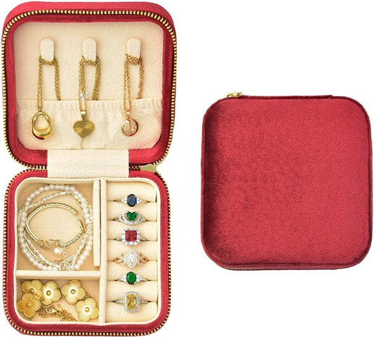 Travel Jewelry Case, Small Plush Velvet Jewelry Box for Women and Girls, Portable Jewelry holder organizer for Rings Earrings Necklaces Bracelets(Burgundy)