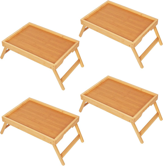 Bed Tray Table with Folding Legs, Bamboo Breakfast in Bed for Kitchen Serving Tray, Sofa, Eating, Used As Laptop Desk Snack Tray (4 Pack, Bamboo Color)