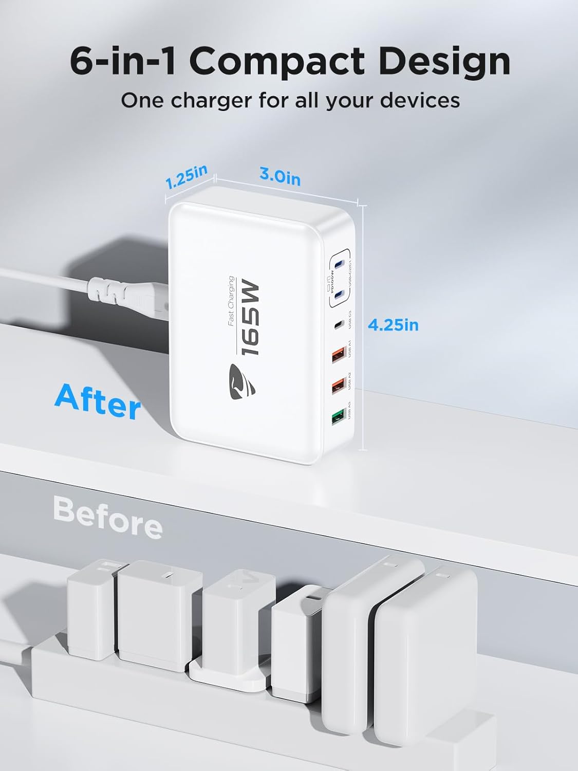 165W USB C Charger Block, 6 Port Multi USB-C Charging Station,100W PD Fast USBC Gan Charger Station Hub Dock for Multiple Devices, Laptop Type C Charge for MacBook/iPhone 16/iPad/Galaxy S25(5FT Cord)