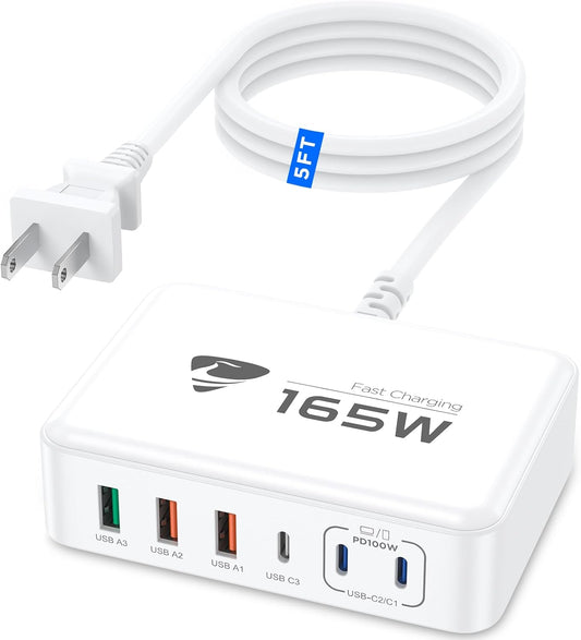 165W USB C Charger Block, 6 Port Multi USB-C Charging Station,100W PD Fast USBC Gan Charger Station Hub Dock for Multiple Devices, Laptop Type C Charge for MacBook/iPhone 16/iPad/Galaxy S25(5FT Cord)