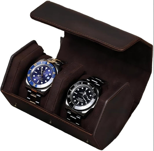 Genuine Leather Watch Roll Travel Case, Vintage Full Grain Leather Hexagon Watches Storage Organizer with Display Removable Pillows & Solid Dividers for Home Storage &Display (2 Slot)