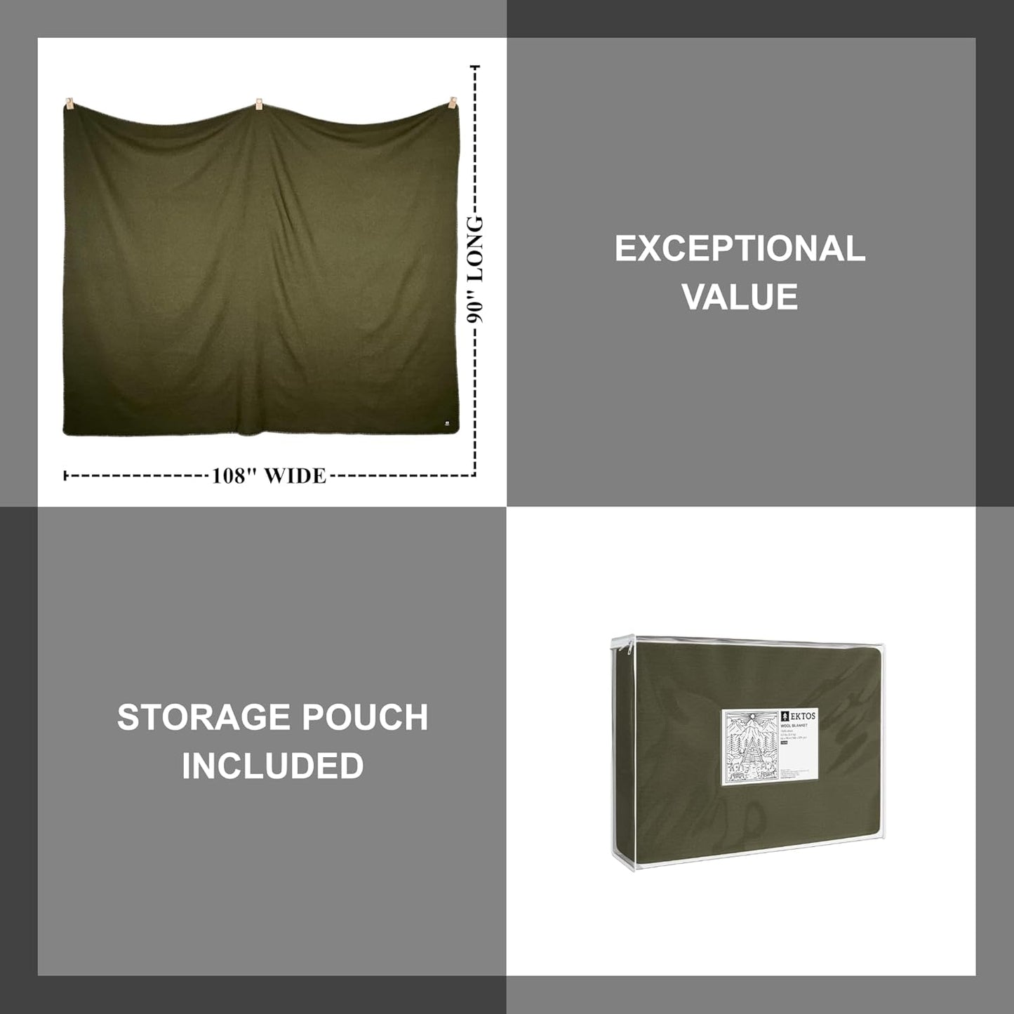 EKTOS 100% Virgin Wool Blanket, 90" x 108", Best Camp Bedding, Extra Large, Washable (Olive Green, King Size)